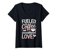 Mujer Impulsado por el café y el diseño de amor incondicional Camiseta Cuello V