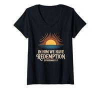 Mujer In Him We Have Redemption Efesios Verso de la Biblia Cristiano Camiseta Cuello V