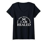 Mujer In His Wounds I Am Healed Inspirational Christian Quote Camiseta Cuello V