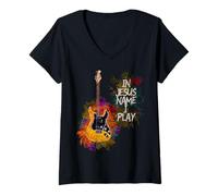 Mujer In Jesus Name I Play Guitar Christian Guitarists God Faith Camiseta Cuello V