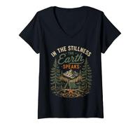 Mujer in La quietud La Tierra Habla Naturaleza Montaña Camping Camiseta Cuello V