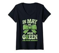 Mujer In May We Wear Green Groovy Bow Lyme Disease Awareness Camiseta Cuello V