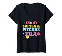 Mujer In My Softball Pitcher Era Groovy Fastpitch Softball Girls Camiseta Cuello V