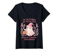 Mujer In October We Wear Pink Breast Cancer Ghost Halloween Camiseta Cuello V
