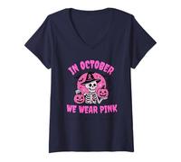 Mujer In October We Wear Pink Breast Cancer Skeleton Halloween Camiseta Cuello V