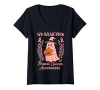 Mujer In October We Wear Pink Fantasma Rosa Cáncer Mama Halloween Camiseta Cuello V