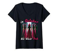 Mujer In October We Wear Pink Witch Halloween Breast Cancer Camiseta Cuello V