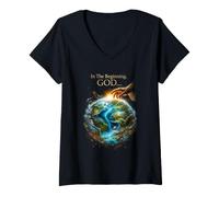Mujer In The Beginning God... Earth Genesis 1:1 Bible Verse Nature Camiseta Cuello V