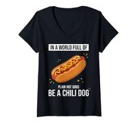 Mujer in Un Mundo Lleno de Perros Calientes Llanos Sé un Chile Hotdog Humor Camiseta Cuello V
