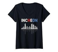 Mujer Incheon Skyline Corea del Sur Paisaje Urbano Viaje Souvenir Camiseta Cuello V