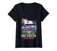 Mujer Incheon Souvenir Corea del Sur Bandera Corea Ciudad Coreana Vacaciones Camiseta Cuello V