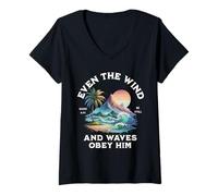 Mujer Incluso el Viento y Las Olas le obedecen Biblia Cristiana Hombres Mujeres Camiseta Cuello V