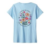 Mujer Incluso en el Caos su Gracia todavía me Encuentra Floral Cristiano Camiseta Cuello V