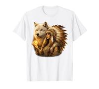 Mujer India nativa Americana con Lobo Blanco Vitage Regalos Camiseta
