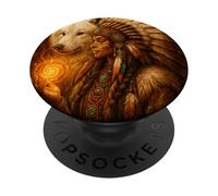 Mujer India nativa Americana con Lobo Blanco Vitage Regalos PopSockets PopGrip Adhesivo