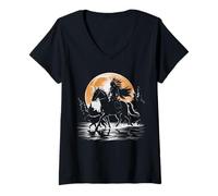 Mujer Indio Nativo con Perro Luna Llena Cultura nativa Americana Camiseta Cuello V