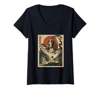 Mujer Inglés Springer Spaniel Amante Japonés Arte Vintage Retro Camiseta Cuello V