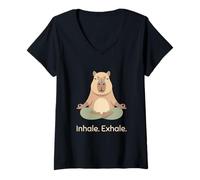 Mujer Inhalar Exhale Yoga Capibara Zen Animal Relajación Camiseta Cuello V