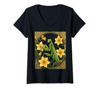 Mujer Insecto Mantid Y Flores De Jazmín Amarillo Camiseta Cuello V