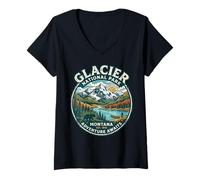 Mujer Insignia de Aventura de Naturaleza Retro del Parque Nacional Glacier Montana Camiseta Cuello V