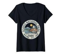 Mujer Insignia del Faro de montaña Vintage del Parque Nacional Acadia Maine Camiseta Cuello V