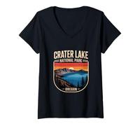 Mujer Insignia Retro con Paisaje del Parque Nacional Crater Lake Oregon Camiseta Cuello V