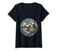 Mujer Insignia Retro del Faro y águila del Parque Nacional Acadia Maine Camiseta Cuello V