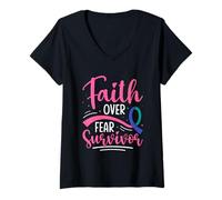 Mujer Inspiración de cinta de sobreviviente de fe sobre el miedo Camiseta Cuello V