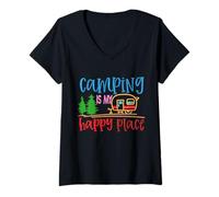 Mujer Inspiración de efecto bordado de camping Happy Place Camiseta Cuello V