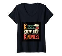 Mujer Inspirador que dice besos, conocimiento, bondad Camiseta Cuello V