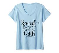 Mujer Inspirando, salvados por la Gracia a través de la fe, versículo bíblico Cristiano Camiseta Cuello V