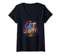 Mujer Inspírate con esta vibrante declaración Get Happy Camiseta Cuello V