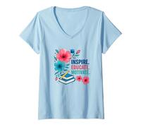 Mujer Inspire Educar Motivar a los maestros escolares a la vuelta a la escuela Camiseta Cuello V