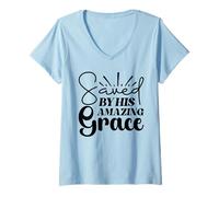 Mujer Inspiring Saved by His Grace - Verso de la Biblia Christian Faith Camiseta Cuello V