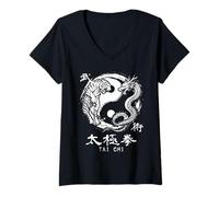Mujer Instructor de meditación de Tai Chi Dragón Tigre Yin Yang Camiseta Cuello V