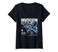 Mujer Invasión de Ciencia ficción cósmico invasor Bloqueo Carga Conquista Las Estrellas Camiseta Cuello V