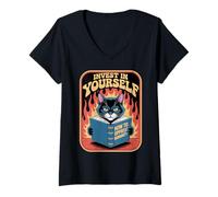 Mujer Invest In Yourself - Sofá para amantes de los gatos, diseño de gato divertido Camiseta Cuello V