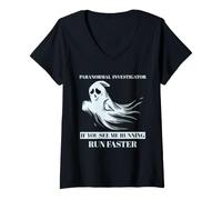 Mujer Investigador Paranormal Caza de Fantasmas Corre Humor más rápido Camiseta Cuello V