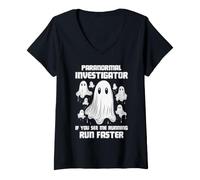 Mujer Investigador Paranormal Caza de Fantasmas Corre Humor más rápido Camiseta Cuello V