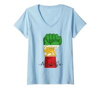 Mujer Irán PUÑO Bandera del Sol del LEÓN, Irán Libre, Caligrafía farsi Camiseta Cuello V