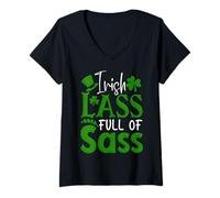 Mujer Irish Lass Lleno De Sass Día De San Patricio Chica Trébol Irlandés Camiseta Cuello V