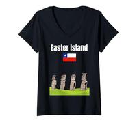 Mujer Isla de Pascua Moai estatuas Recuerdo Chile Vacaciones Bandera de Chile Camiseta Cuello V