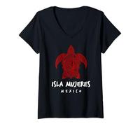Mujer Isla Mujeres Tribal Tortuga Marina Océano Arte Diseño Playa Norte Camiseta Cuello V