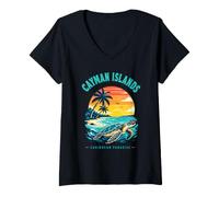 Mujer Islas Caimán Caribbean Paradise Sea Turtle Sunset Camiseta Camiseta Cuello V