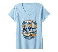 Mujer ISurvived My Trip To NYC - Recuerdo de Viaje Retro de autobús Vintage Camiseta Cuello V