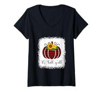 Mujer It's Fall Y'all Halloween Blanqueado Calabaza Roja Buffalo Plaid Camiseta Cuello V