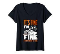 Mujer It's Fine I'm Fine Everything is Fine Christmas Cat Mujeres Hombres Camiseta Cuello V