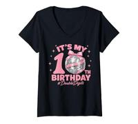 Mujer It's My 10th Birthday Girl Double Digits Bow Disco Ball Camiseta Cuello V