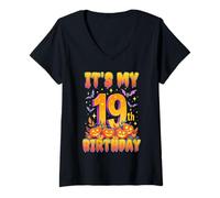 Mujer It's My 19th Birthday Party 19 Year Old Halloween Pumpkin Camiseta Cuello V