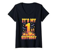 Mujer It's My 1st Birthday Party 1 Year Old Kids Halloween Pumpkin Camiseta Cuello V